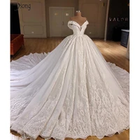 gorgeous 2020 newest ball gown wedding dress applique off the shoulder chapel train wedding dresses lace up back bridal gowns