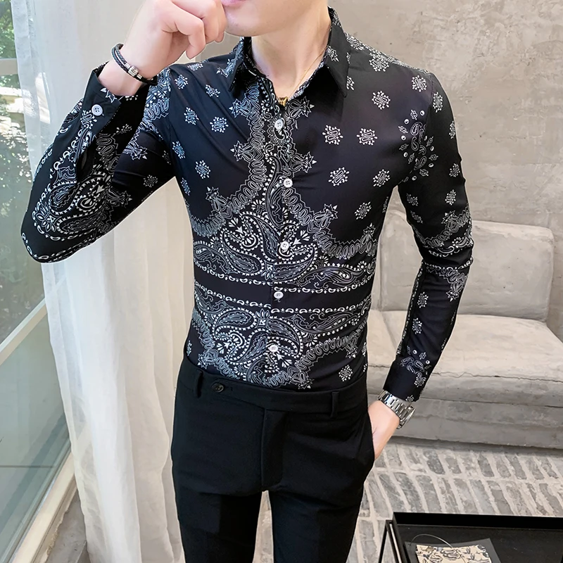 

Мужские черные рубашки Gzdeerax с цветочным принтом, роскошные вечерние мужские классические рубашки с длинным рукавом, высококачественные пр...