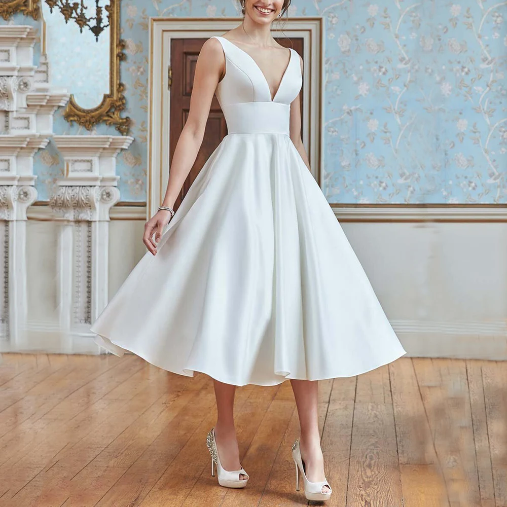 

Tea Length Vestido De Novia Playa Sexy V Neck Solid Wedding Dresses Exquisite Cap Sleeve A Line Open Back Bridal Gown