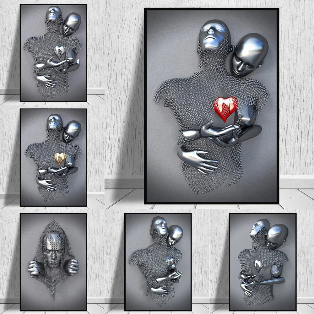 

Metal Figure Statue Red Heart Lover Sculpture Canvas Painting Romantic Abstract Poster Print Wall Art Pictures Modern Home Decor