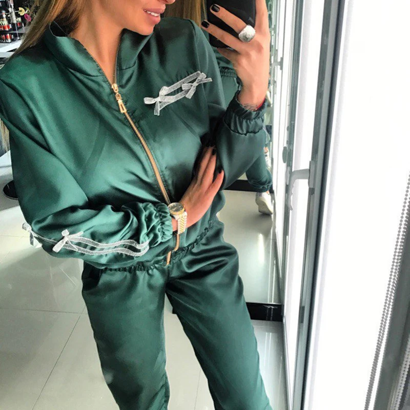 Sfit модный Женский Повседневный Спортивный костюм, комплект из 2 предметов, топ и штаны, атласная полосатая Лоскутная толстовка на молнии, спортивная одежда