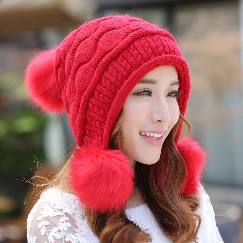 Зимняя вязаная двухслойная плотная теплая шапочка женские милые меховые шапочки