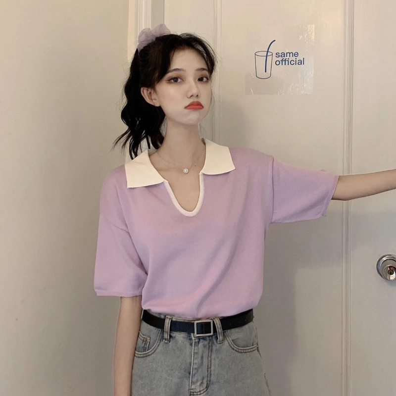 

Fall Women Knitted T-shirt Polo Collar Short Sleeve Thin And Loose Ice Silk Blouse Female Knitted Solid Clothes Top Ladies C193