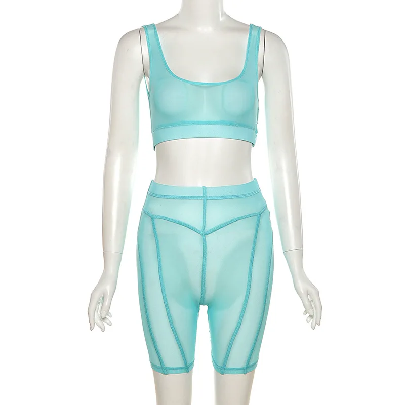 

Echoine Sheer Mesh See Through Shorts Set Tank Crop Top Streetwear Sportwear Clubwear Outfits Party Night Club Matching Set