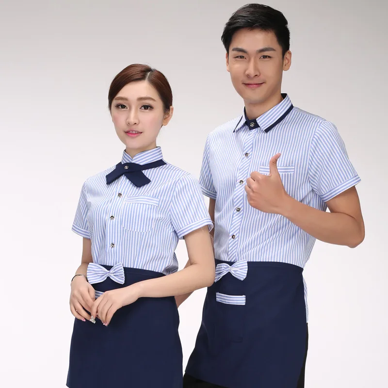 

Spot Supply Fast Food Work Short Sleeve Hot Pot Shop Uniform Catering Chain Clothing Korean Stripes