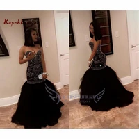 sparkly crystal beading mermaid prom dresses sweetheart tulle black gold appliques evening party gowns african black girl dress