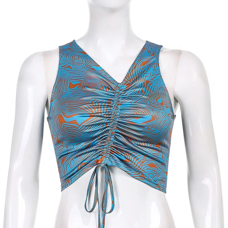 

2021 New Arrivals Summer Fashion Sleeveless Pleated Print Bodycon High Street Women Tops Camis