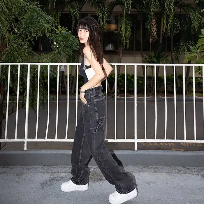 

Straight jeans women's loose 2021 spring and autumn new high waist floor dragging tooling wide leg pants smoke grey