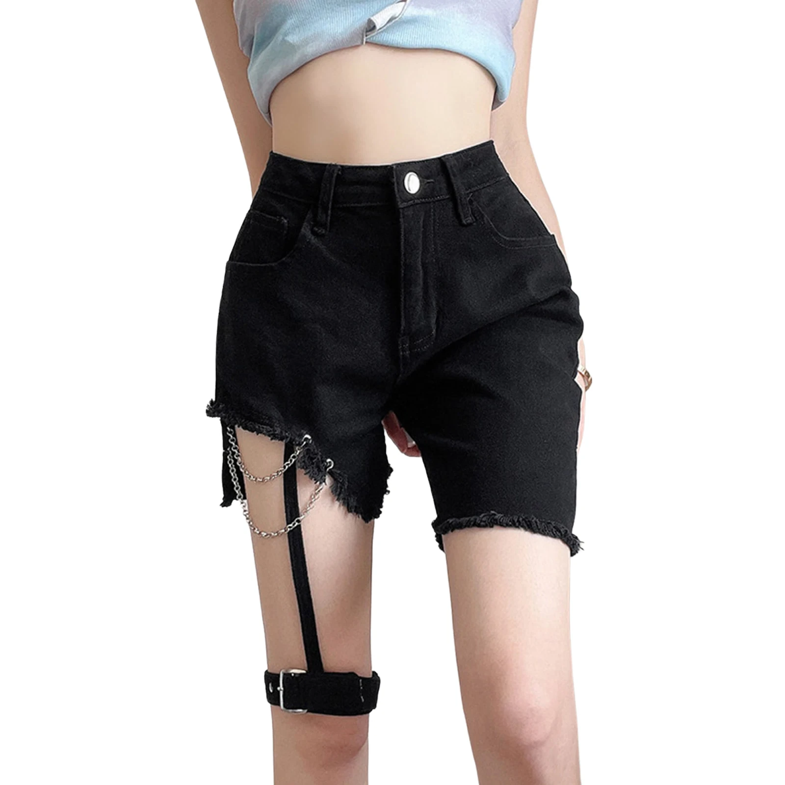 

IMCUTE Gothic Chain Leg Loop High Waist Washed Jeans Girls Fashion Slim Frosted Frayed Denim Shorts Punk Street Buttocks Shorts