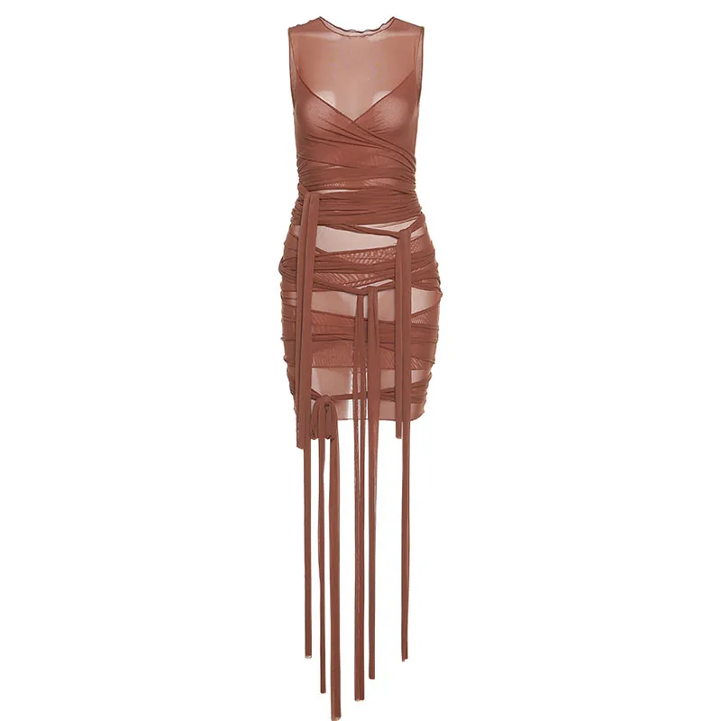 

2021 Ribbons Mesh See Through Bodycon Party Dresses Women Sexy Clubwear Mini Dress Solid Sleeveless Basic Female Outfits