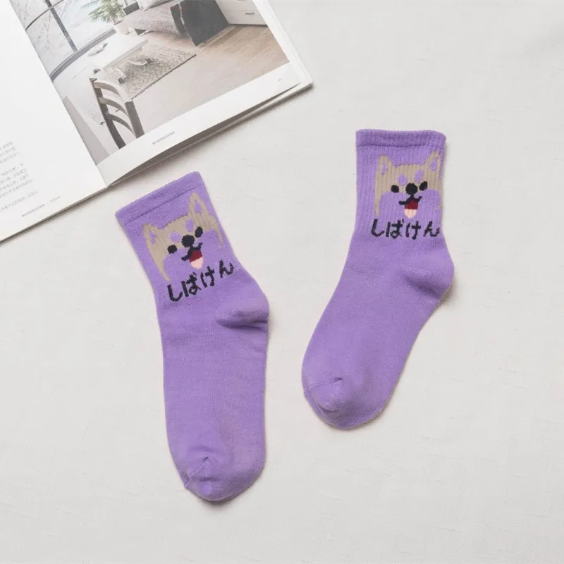 Purple Akita dog Новая мода харадзюку для женщин и девочек хип-хоп длинные носки с милыми животными носки с динозаврами для женщин забавные японские носки с героями мультфильмов - Цвет: Purple Akita dog