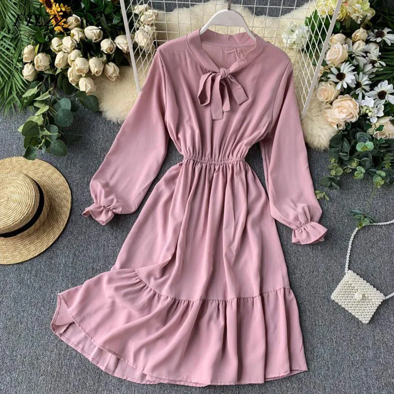 Fitaylor Новое Женское милое плиссированное платье весна осень длинный рукав бант