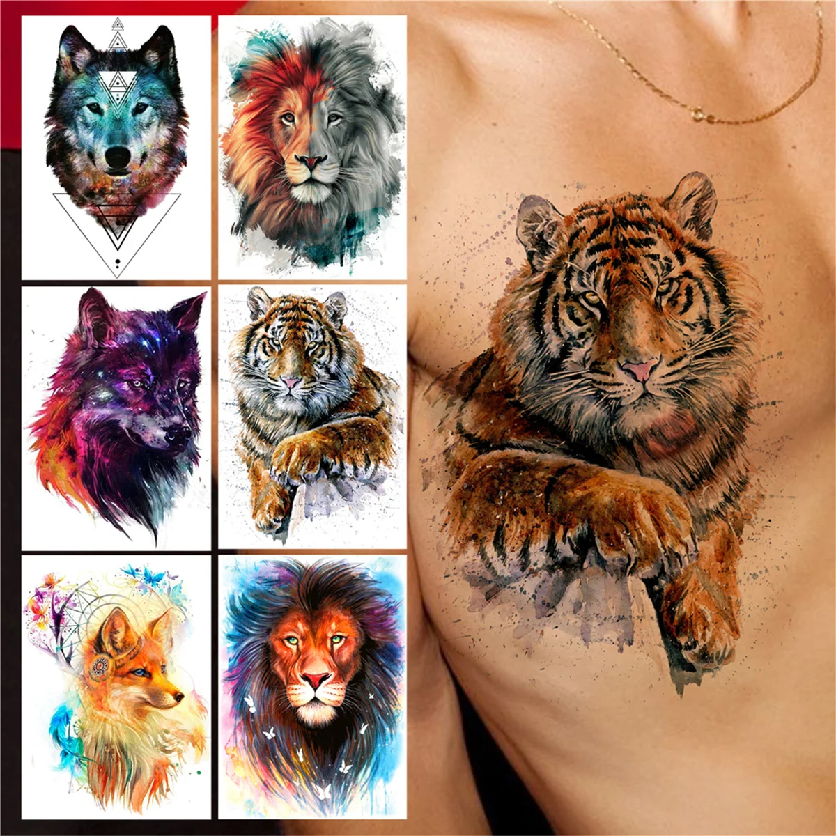 

Акварельные временные татуировки с тигром для мужчин, женщин, мужчин, детей, мальчиков, тату-наклейки с волком, львом, реалистичные татуиров...