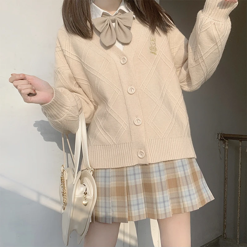 

Japanese Mori Girl Preppy Style Plaid Knitted JK Sweater Golden Bunny Embroidery Spring Autumn Women Cardigan Coat Knitwear
