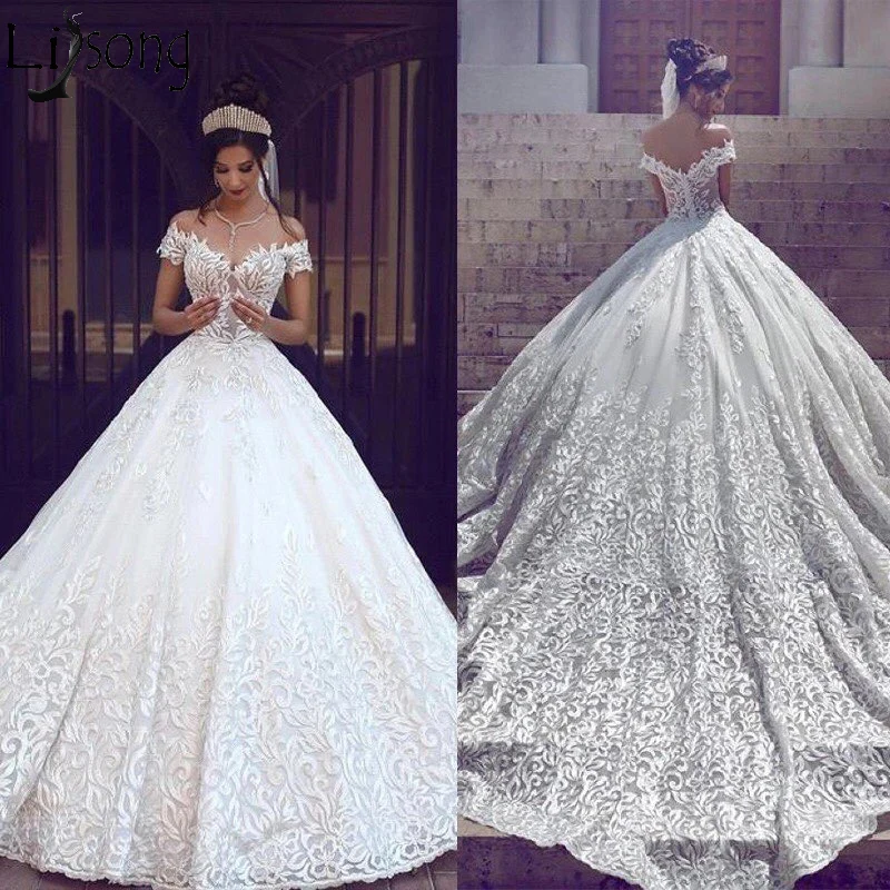 

Luxury Ball Gowns Wedding Dresses With Lace Appliques Off The Shoulder Sweetheart Bridal Dress Long Train vestido de noiva