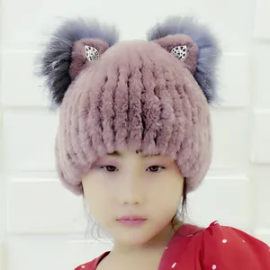 Меховая шапка для девочек, зимняя теплая шапка с ушками и бриллиантами, вязаная вручную, однотонная, из кроличьего меха с лисьим мехом, пушистая, модная Шапка-бини