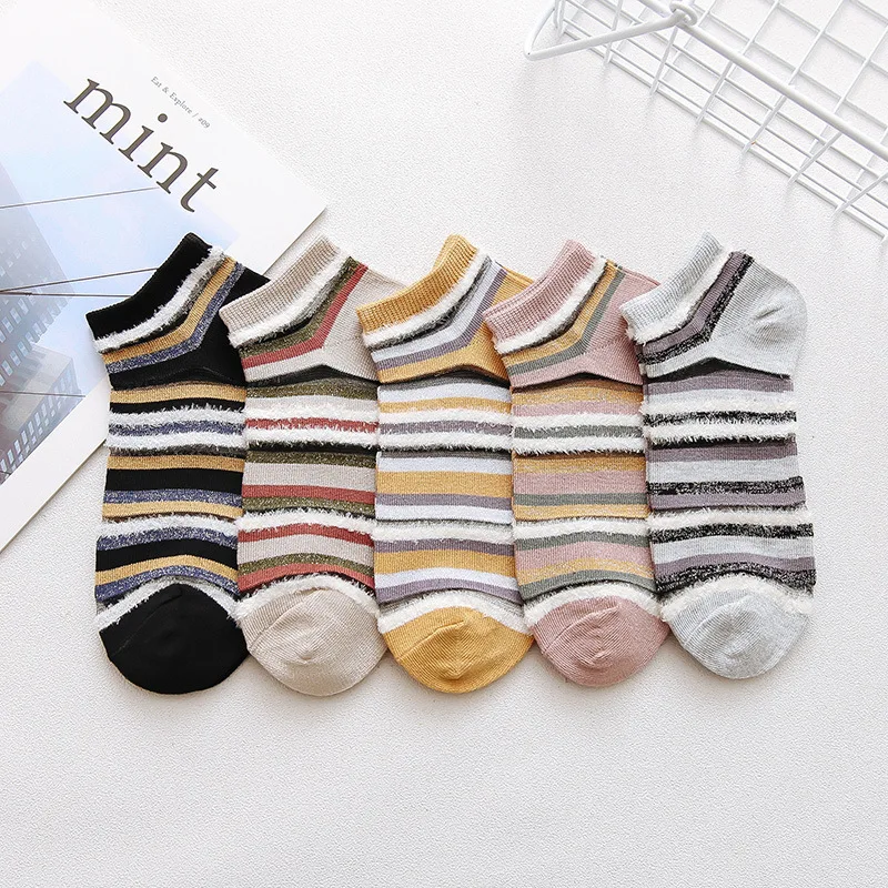 

10pairs/lot Cool Flocking Silver Spring Summer Thin Boat Japanese Striped Crystal Silk Low Top Socks Slippers Cute Color Stripes