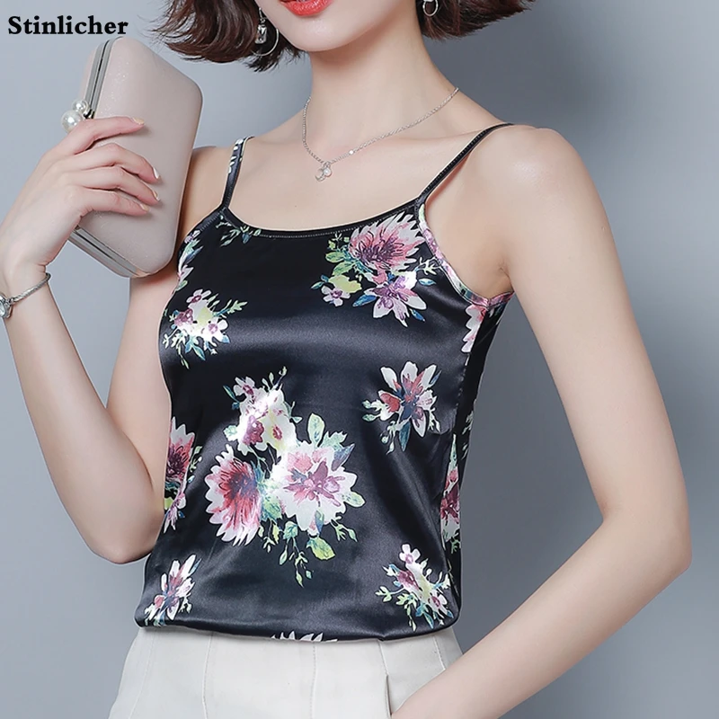 

Polka dot floral satin silk tank tops women vest elegant summer sleeveless office ladies work vest spaghetti strap top women