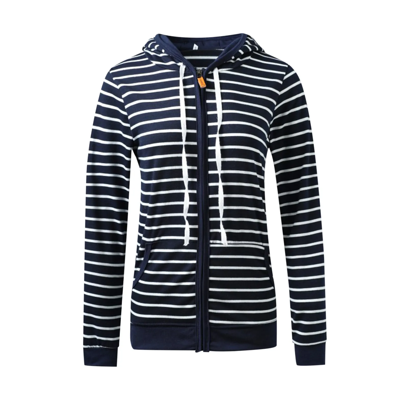 

Fall Women's Striped Print Sweatshirt Zipper Long Sleeve Slim Hooded Blouse Top Lightweight Coat