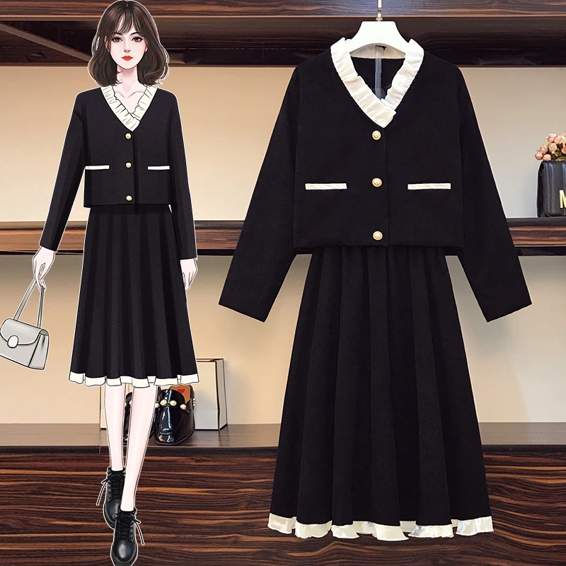 Plus Size 4XL Women Corduroy Black Suit Pearl Buttons Jacket Coat Top And Pleated Skirt Two Piece Set Outfit Winter Clothing |