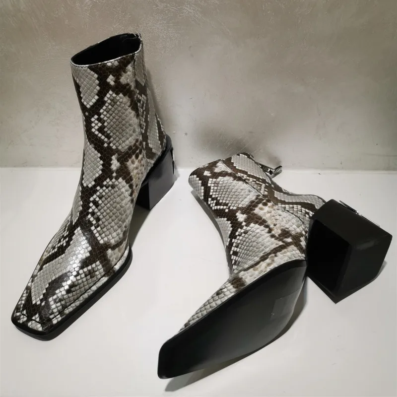 

Autumn Genuine Leather Ankle Boots Women Square Toe Snake Pattern Boots Motorcycle Botines Women Luxury Chelsea Botas Mujer