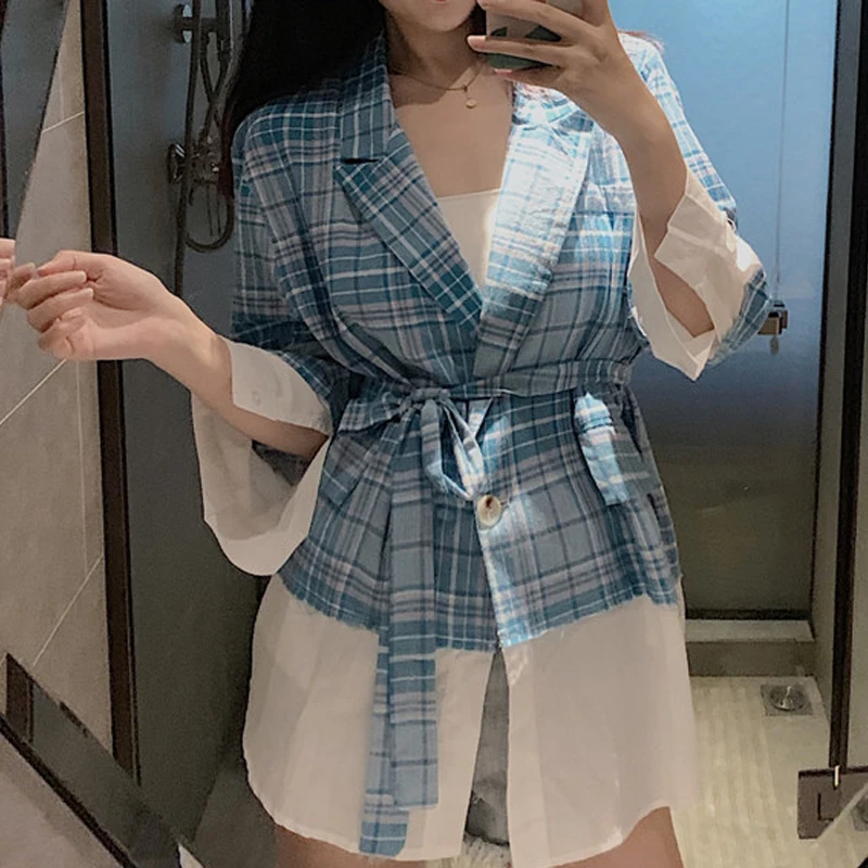 RealShe 2019 Женское пальто с отложным воротником рукав три четверти клетчатая куртка