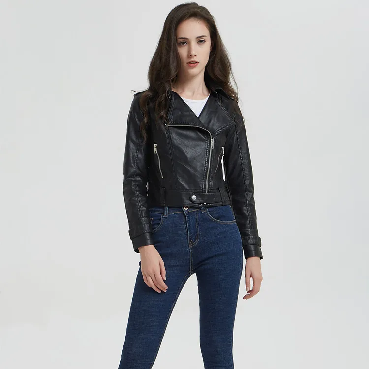 2019 New Autumn Biker Leather Jacket Women Black Turn Down Collar Zippers Short Female Faux Leather Jackets Coats High Quality