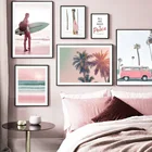 Розовый пляж пальмовое дерево машина девушка доски для серфинга настенная живопись холст скандинавские плакаты и принты настенные картинки для декора гостиной