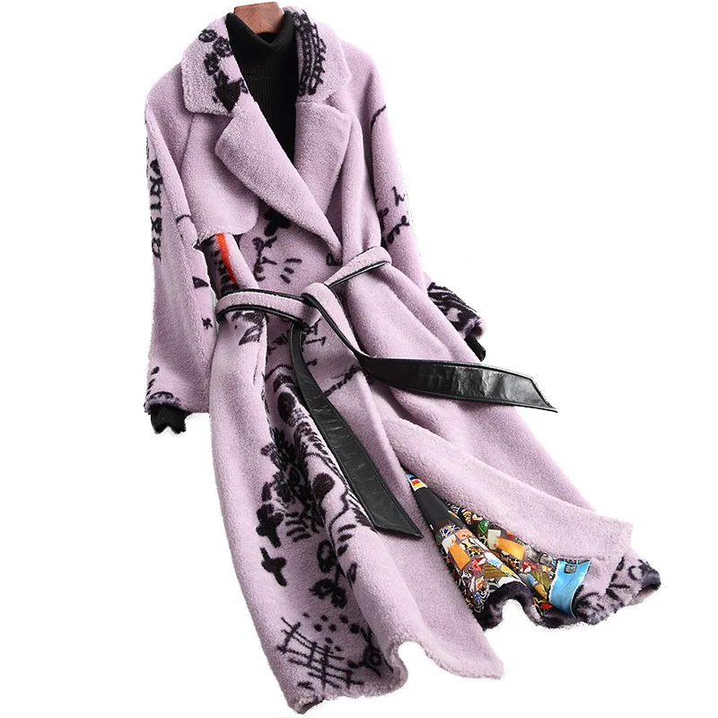 Elegant Printing Thick Turn-Down Collar Winter Long Woolen Warm Real Fur Plus Size Coat Slim Jackets High Quality Lilac Outwear
