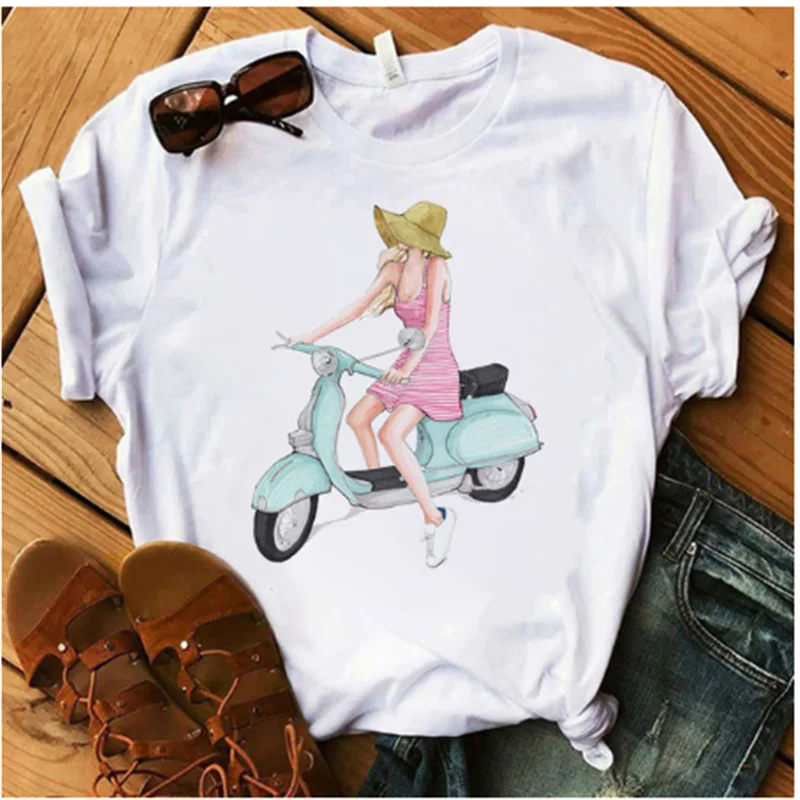 

O-Neck Top Printed Short Sleeve Ladies Casual Short Sleeve Aesthetic T-shirt AOWOF Ladies Summer Floral Locomotive T-shirt