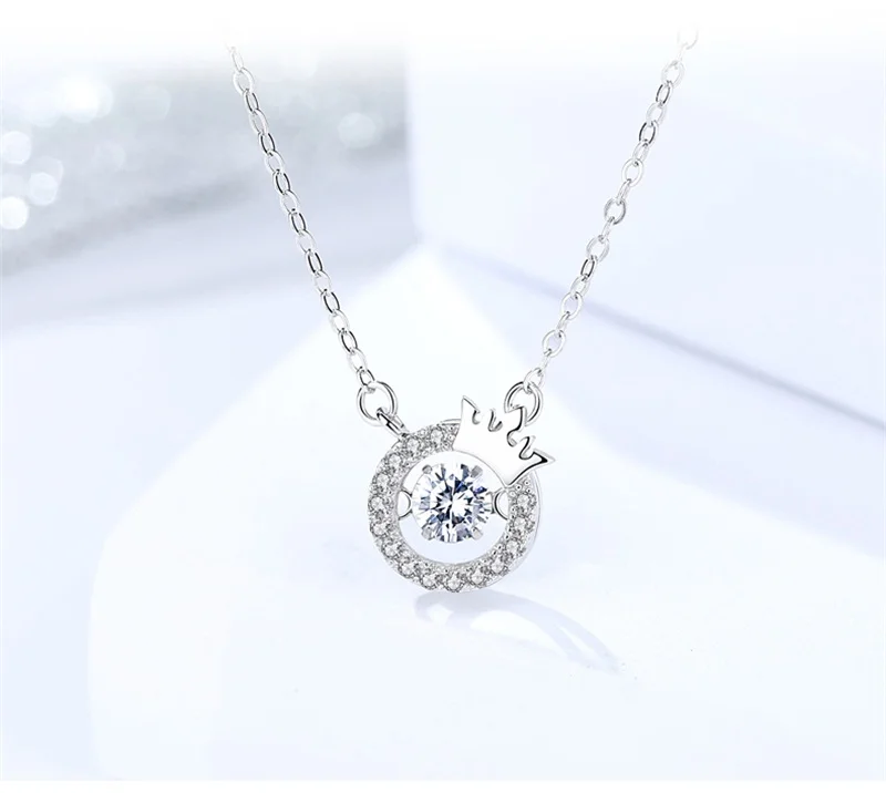 

AZIZ BEKKAOUI New 925 Real Sterling Silver Genuine Circle Crown Crystal Pendant Necklace Silver Color Necklace For Women Jewelry