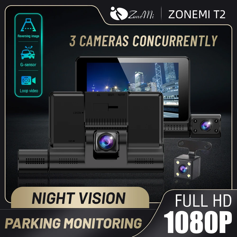 

Видеорегистратор для автомобиля, камера 1080P с двумя объективами, ночным видением, 4-дюймовым Ips экраном, акселерометром, реверсивным изображ...