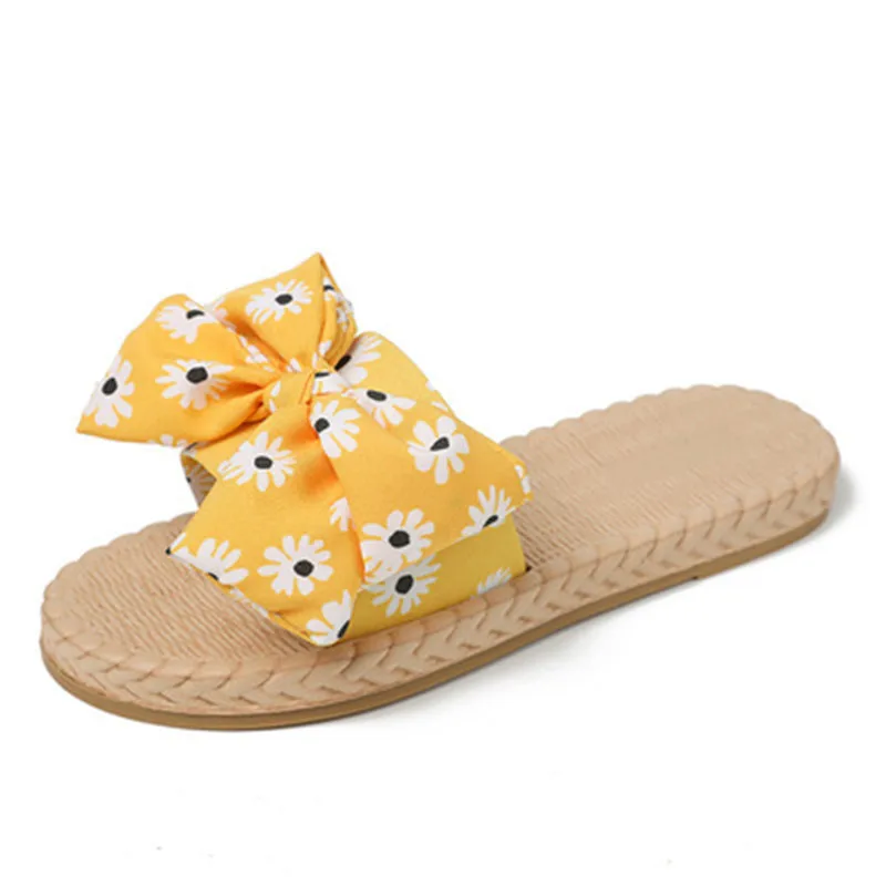 

Women Slippers Bow Hemp Flat Platform Ladies Slides Outdoor Flip Flops Beach Shoes Summer Sandals Female A426 Cotton Fabric Rome