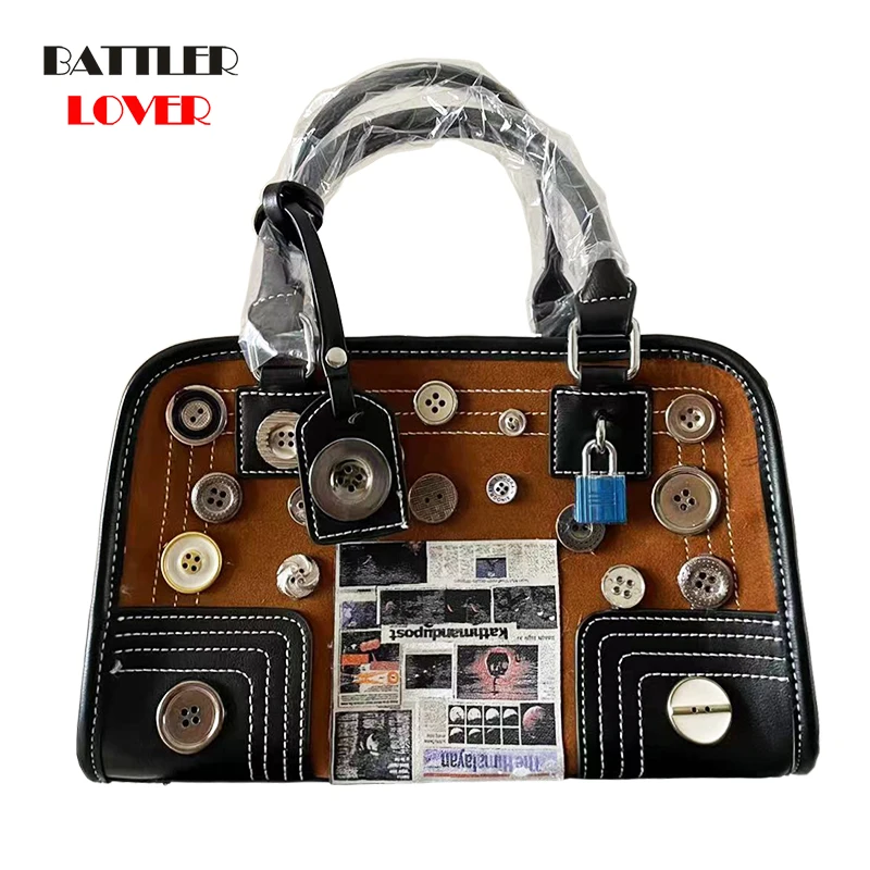 

Big Boston Totes Bag For Women Fashion Button Purse And Handbag Newspaper Print Brand Luxury Ladies Suede Leather Messenger Bag