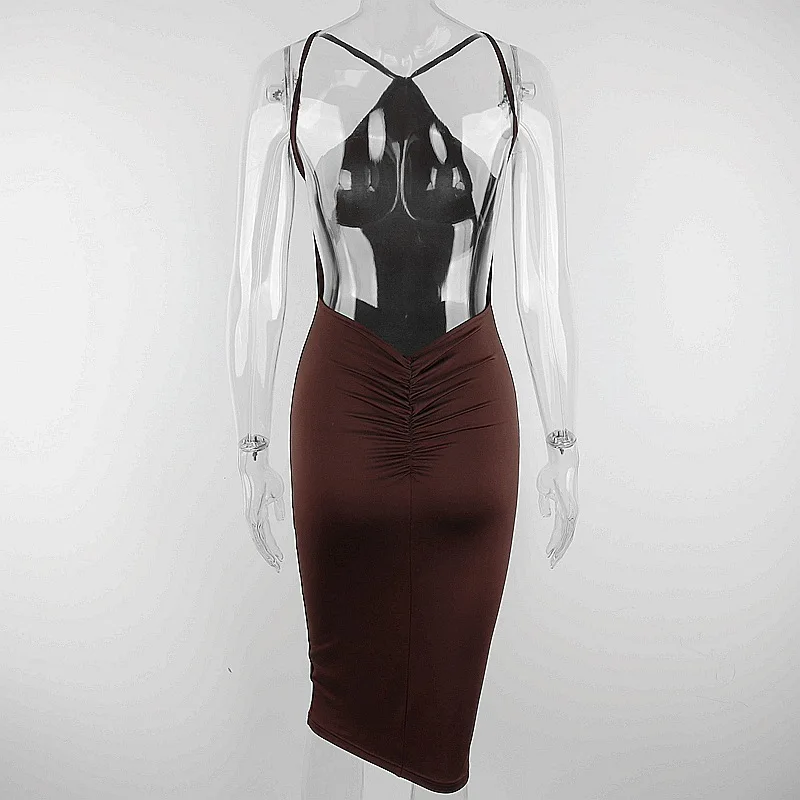 

Colysmo Brown Midi Dress Backless Ruched Spaghetti Strap Sleeveless Solid Color Sexy Bodycon Dress Summer Women Street Vestidos