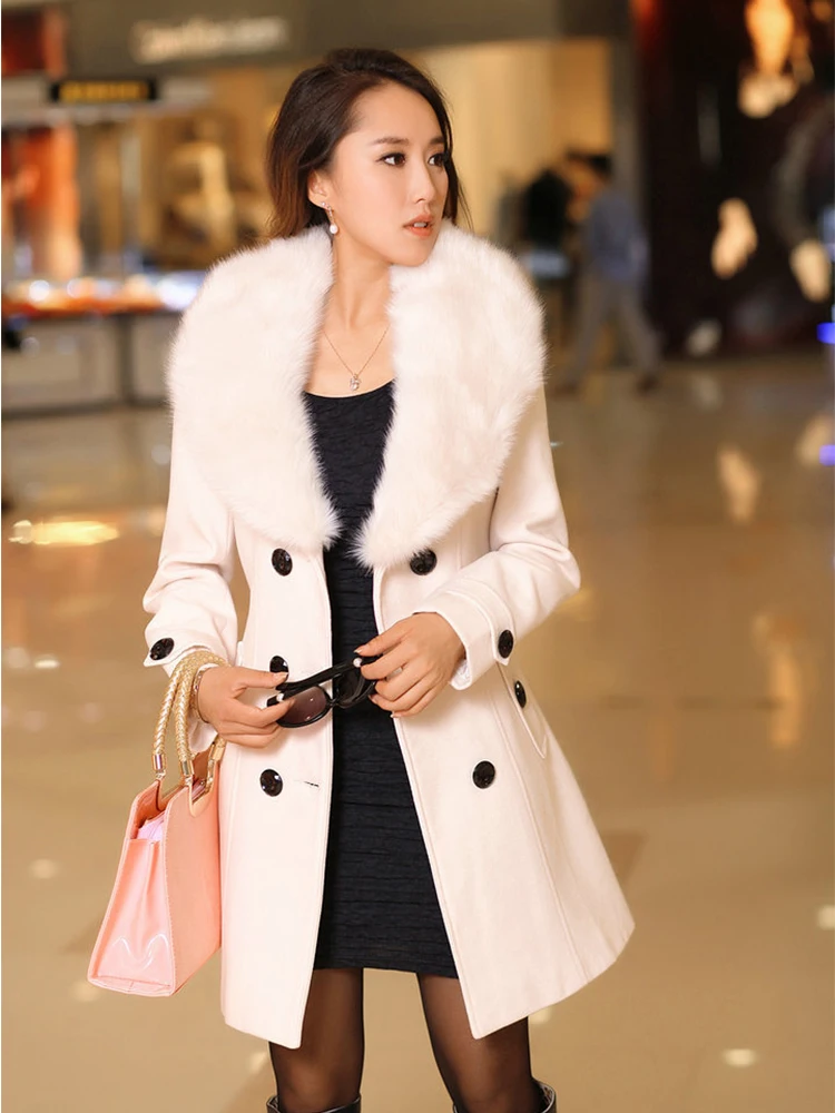 

Cross-Border Autumn and Winter Woolen Korean Version of the Double-Breasted Long Woolen Women Overcoat with Fur Collar
