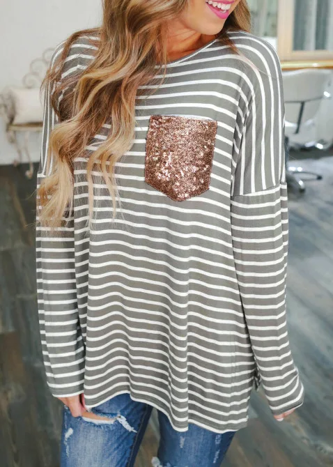 

Harajuku Striped Tshirt Women Top Long Sleeve T-shirt Fashion Sequined Pocket Tee Shirt 2020 Female Tops Tee Korean Style Tshirt