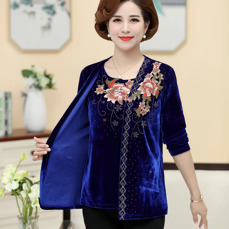 Бархатный топ с вышивкой золотистого цвета пальто для матери среднего возраста