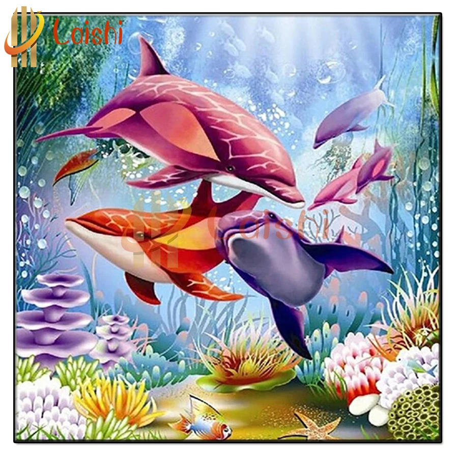 

DIY Diamond Painting Underwater animal landscape, pink dolphin cross stitch full square/round diamond embroidery mosaic painting