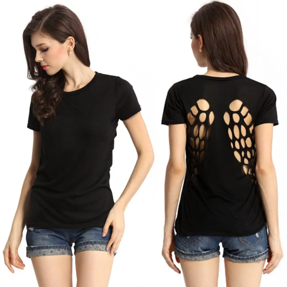 

70% Hot Sell Women Fashion Summer Sexy Round Neck Hollow Winge'd Short Sleeve T-shirt Top