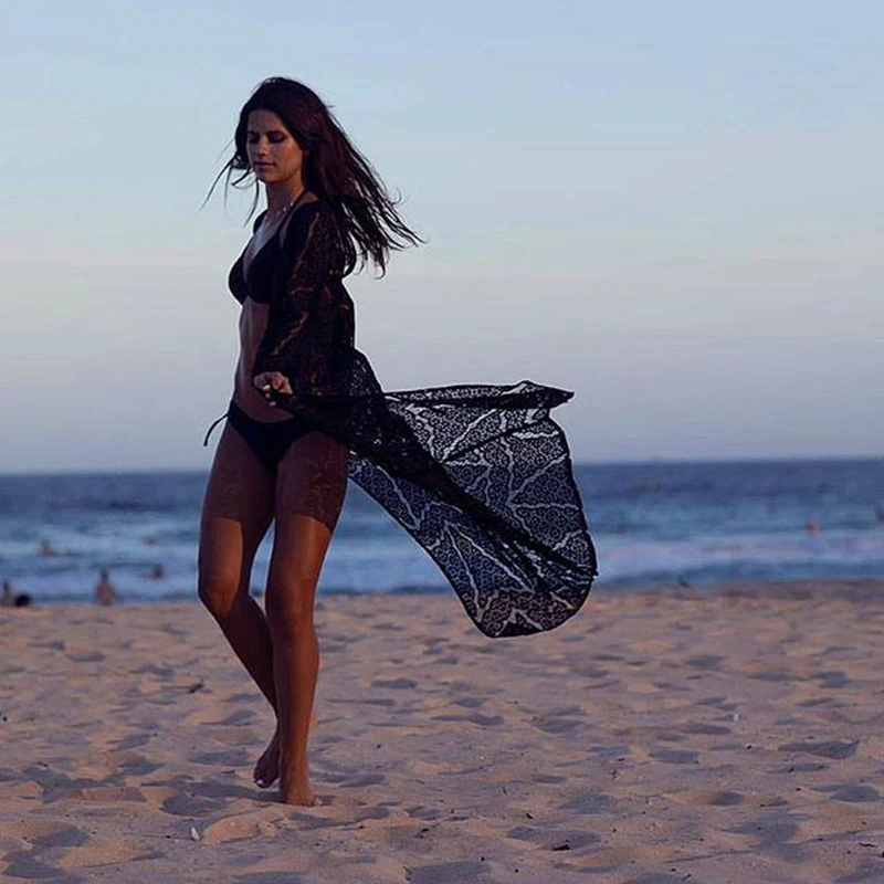 

Robe Women Bikini Cover ups Lace Crochet Hollow Out Pareos Para play Tunics beach dress Cardigan Cover ups