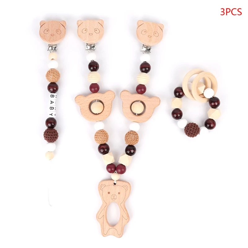 

3 Pcs/Set Baby Pram Pendant Rattle Pacifier Chain Clip Bracelet Infants Shower GiftsWooden Teether Nursing Chewing Toys