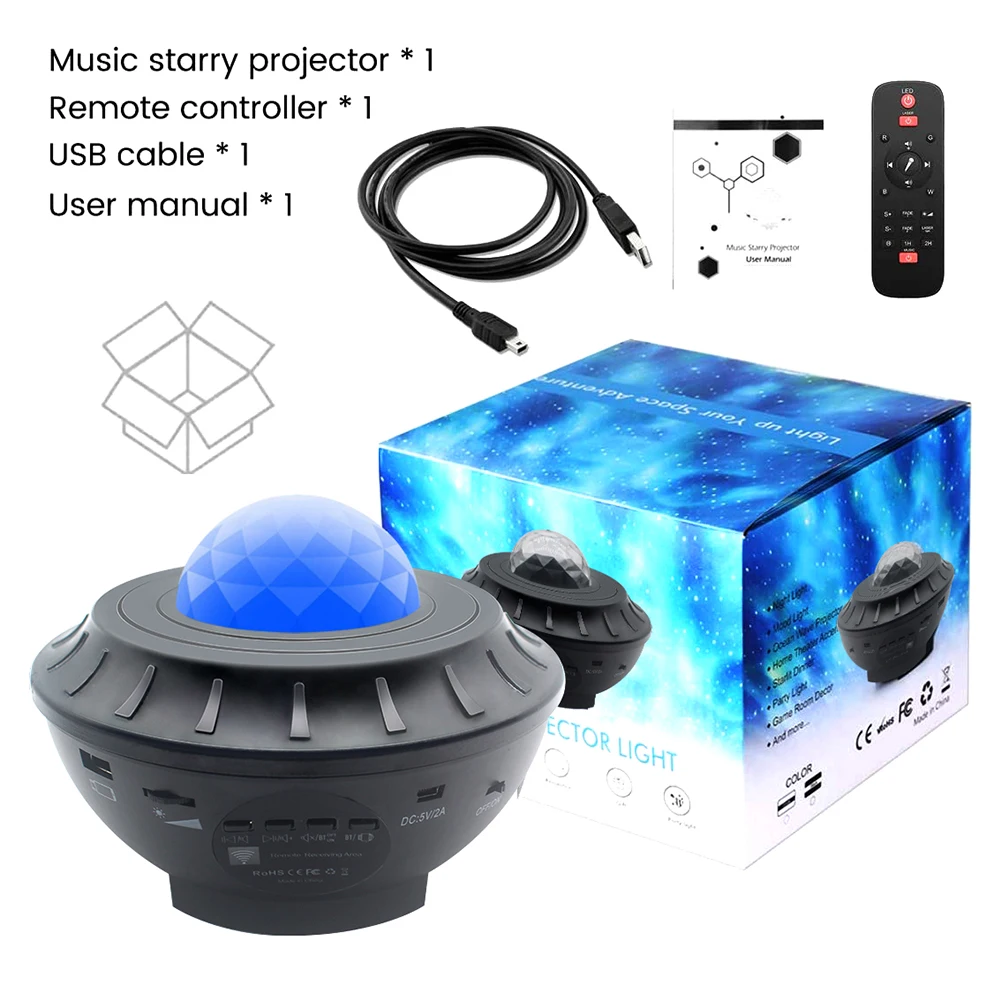 

USB LED Star Night Light Music Starry Water Wave LED Projector Light Bluetooth Projector Sound-Activated Projector Light Decor