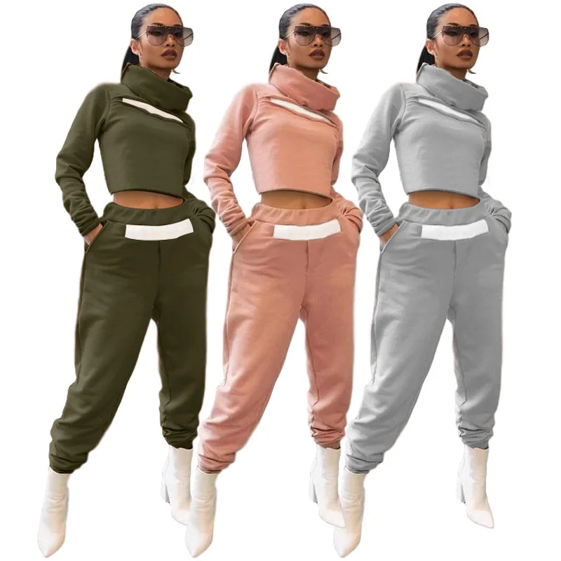 

Autumn Winter Plus Size Women Sets Patchwork High Neck Long Sleeve Short Tops High Waist Pockets Pants Tracksuits Sports Party