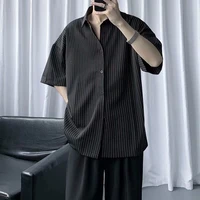 striped shirt jacket male hong kong style japanese casual loose clothes trend black mens short sleeved shirt summer thin