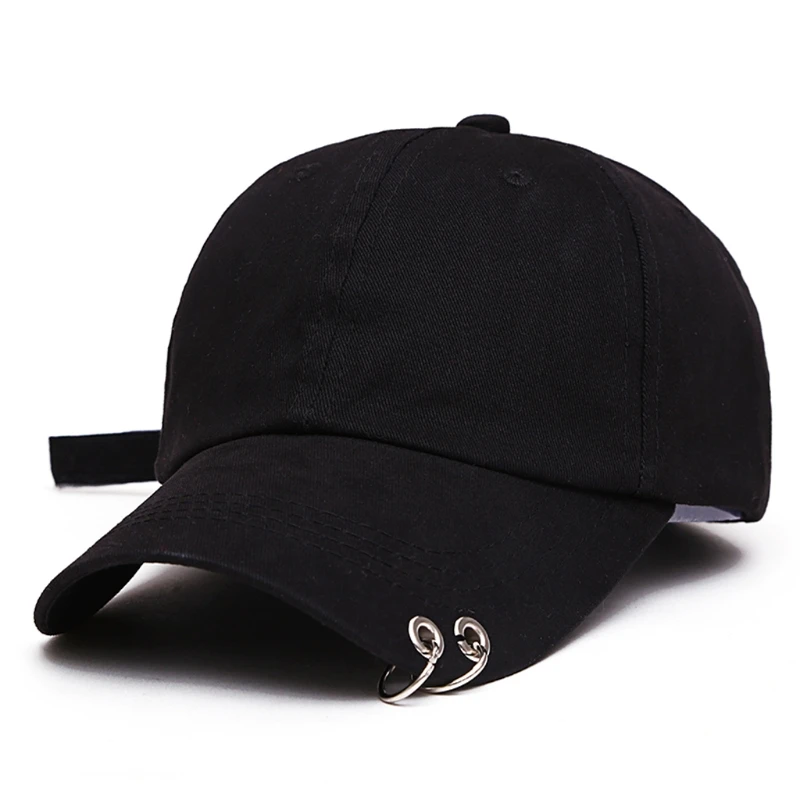 

New Mens Womens Black Color Adjustable Casual Baseball Cap Metal Rings Plain Hat Cotton Blend Fashion Adjustable Caps