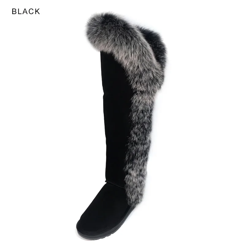 Black INOE Новые Роскошные Длинные зимние женские сапоги выше колена с мехом песца зимние сапоги из коровьей замши удобные женские ботфорты на плоской подошве на натуральном меху нескользящие сапоги высокие Цвет Черный - Цвет: Black