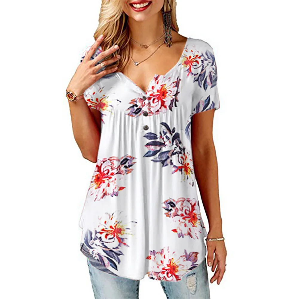 

New women's 2020 spring and summer new printed V-neck T-shirt European and American short-sleeved loose top T-shirt