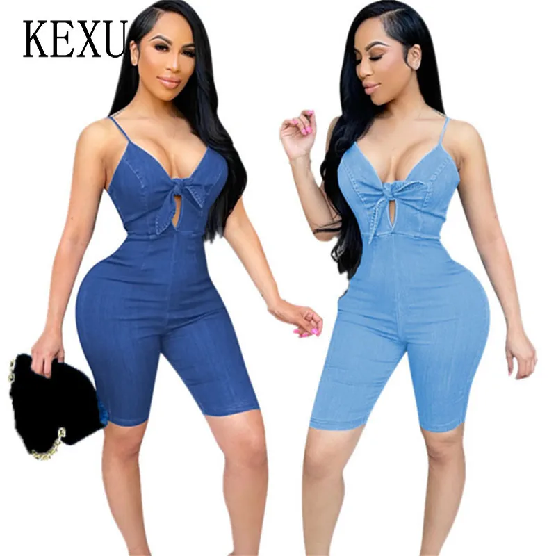 

KEXU Summer Jeans Rompers High Stretch Skinny Zipper Sexy V Neck Bow Sleeveless Spaghetti Strap Casual Streetwear Club Party