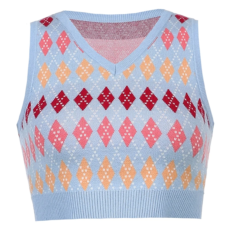 

Rockmore Knitted Plaid Vest Crop Top Women Y2K Aesthetic V Neck Tank Top Casual Knitwear Sleeveless Cute Outfits Cropped Pink
